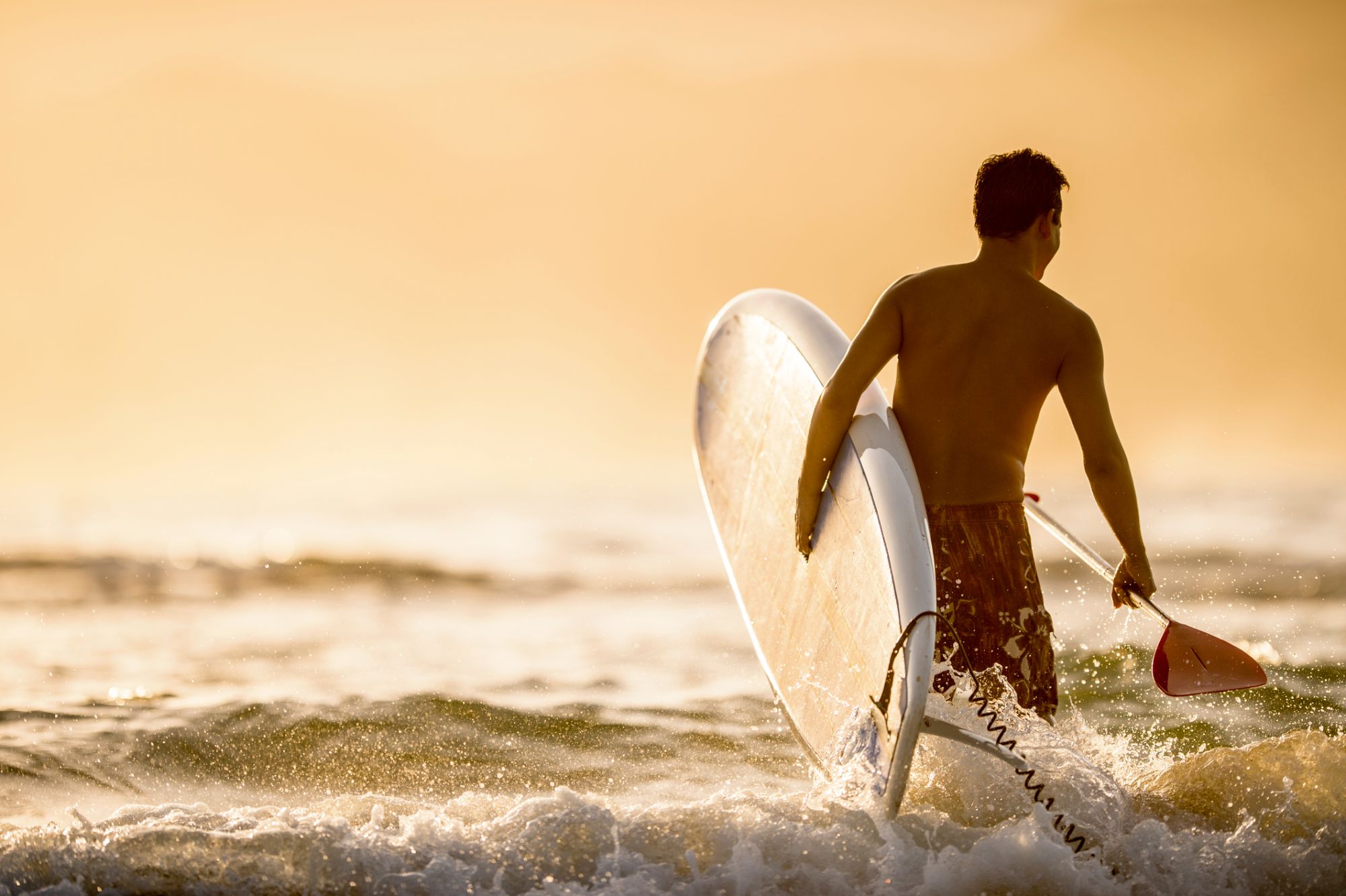 Young man with a stand up paddleboard at a tropical beach in Hawaii.