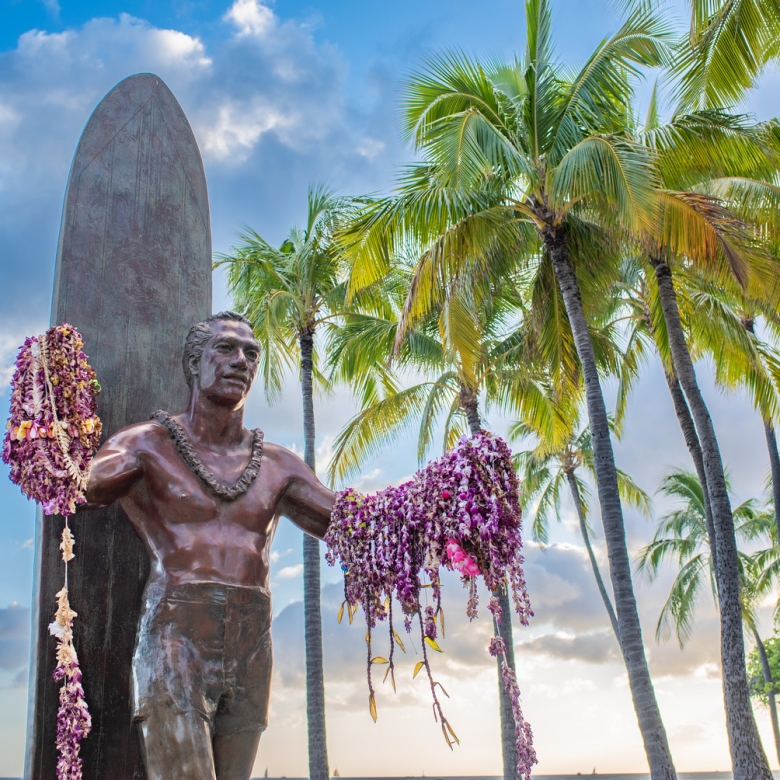 Leis adorn the Duke Kahanmoku Statue in Waikiki Oahu