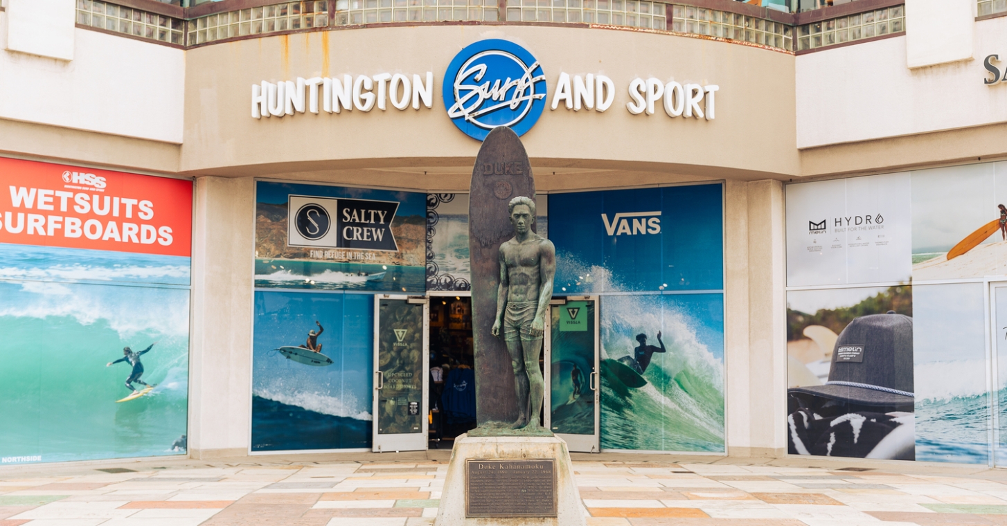 The Duke Kahanamoku Statue near the Surfing Hall of Fame in Huntington Beach